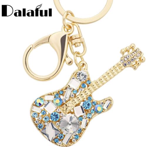 Dalaful Unique Guitar Crystal Rhinestone Keychains Purse Bag Buckle HandBag Pendant For Car Keyrings Women Key Chains K255