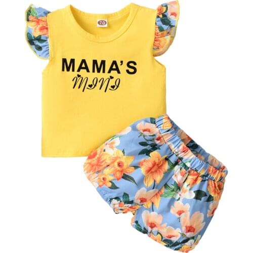 OPPERIAYA Kids Baby Girl Clothing Casual Set Sleeveless O-neck MAMAS T-shirt with Ruffles Floral Print Short Pants for Summer