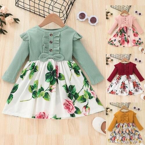 2021 New Toddler Kids Baby Girls Ribbed Ruffled Splice Floral Bow Party Princess Dress Long Sleeve O-Neck Winter Dress Vestidos