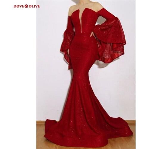 Long Party Evening Dresses Mermaid Lace Sequin Off Shoulder Burgundy Long Trumpet Sleeve V Neck Womens Prom Gown Gala Dress