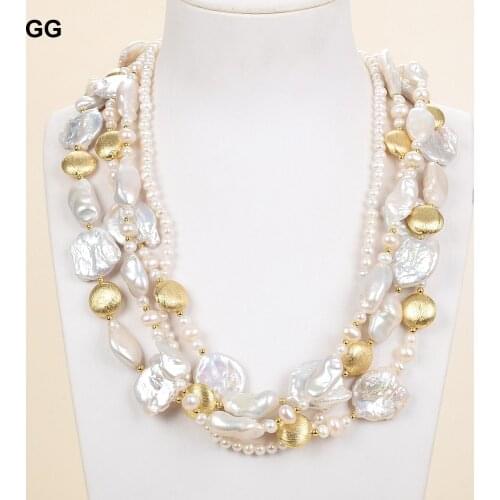 GG Jewelry 20" 4 Strands White Keshi Pearl Biwa Pearl Gold Plated Coin Necklace