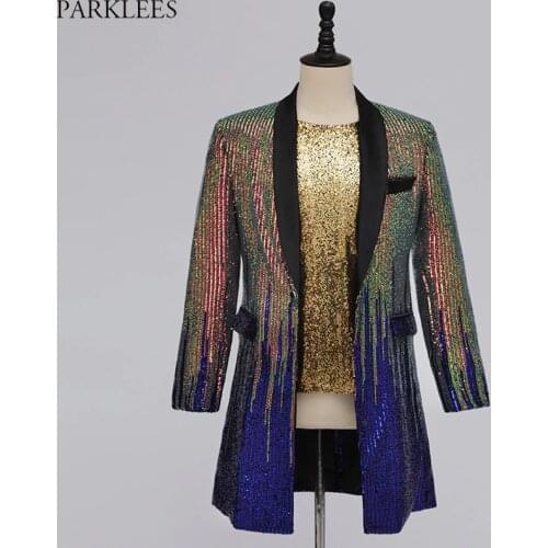 Royal Blue Striped Sequin Long Blazer Jacket Men Nightclub Prom Blazers Mens DJ Stage Clothes for Singers Rock and Roll Costumes
