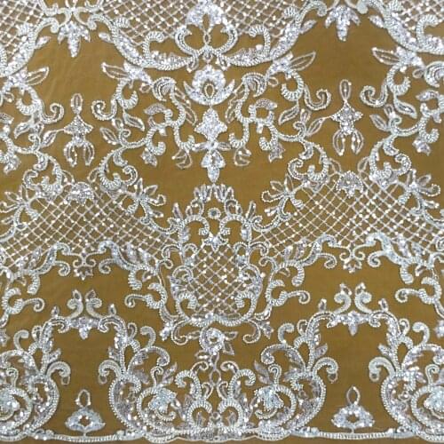 2021 Latest Nigerian Lace Embroidery Sequence White Bridal Tulle Laces with Crystal Sequins and Beads HY1393-2