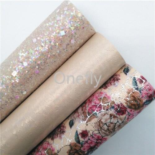 Onefly 21X29CM Beige Glitter Fabric, Flowers Printed Synthetic Leather Fabric Sheets For Bow DIY handbags shoes BQ059