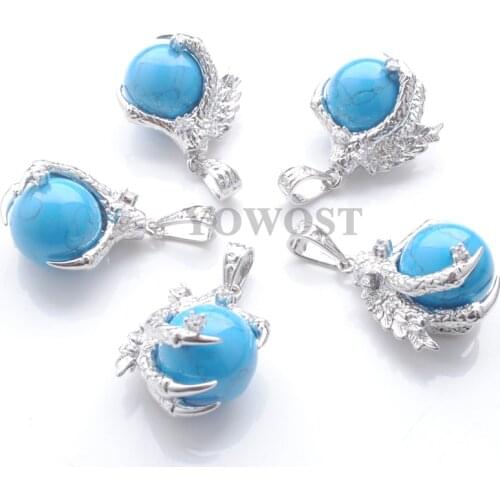 Wholesale 5Pcs/Lot Blue Turquoises Stone Pendants Round Ball Bead Dragon Claw Crystal Reiki Chakra Women Gift QN3109