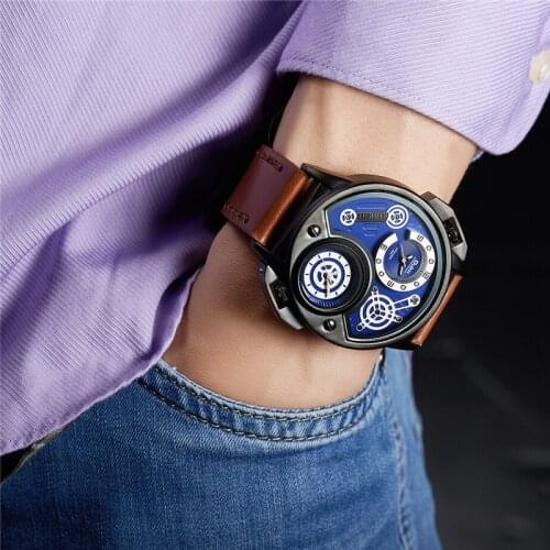 Oulm 3578 New Mens Watches Top Brand Luxury Genuine Leather Wristwatch Two Time Zone Male Clock Sport Quartz Watch