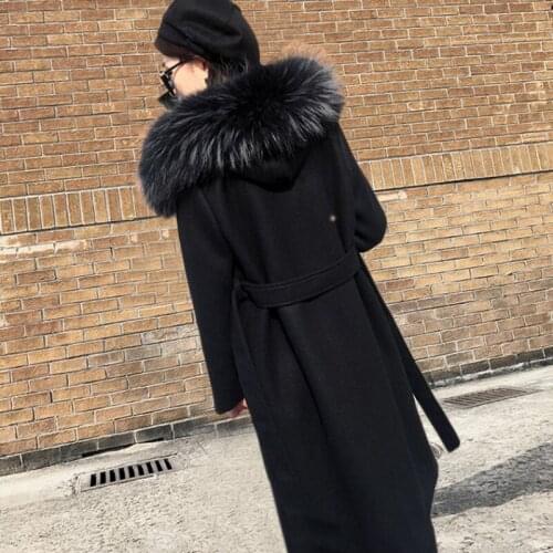 Elegant Women Winter OL Sash Wool Blend Coat Female Casual Long Belt Woolen Jacket Detachable Fur collar Warm Wool Overcoat