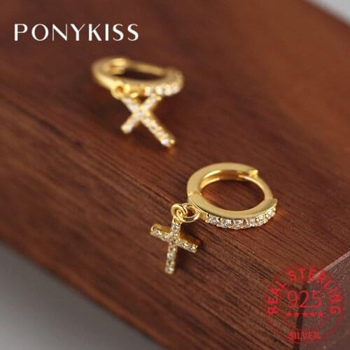 PONYKISS Real 925 Sterling Silver Cross Zircon Hoop Earrings Unisex Chic Fashion Women Party Delicate Jewelry Accessory
