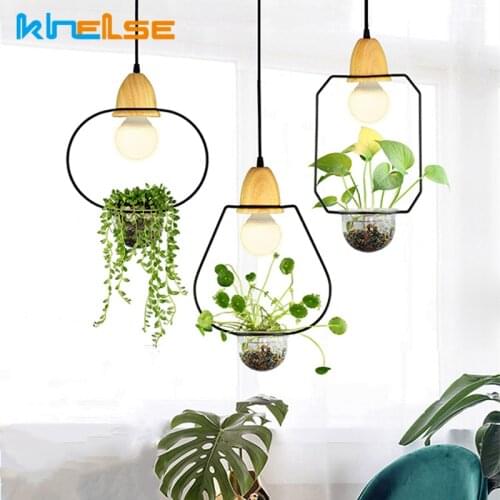 Modern Wrought Iron Plant Pot Pendant Lamp Restaurant Glass Hanging Cafe Decoration Home Lighting Wood Pendant Lights Fixtures