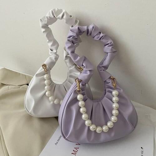 Women Elegant Handbag Totes Portable Pearl Handle Underarm Shoulder Bags Pleated PU Leather Female Girl Fashion Handbags