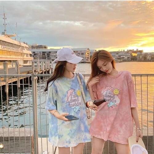 Womens Summer T-shirt 2021 Tie Dye Loose Korean Lazy Style Large Size Womens Short Sleeve Shirt Trendy Fashion Free Shipping