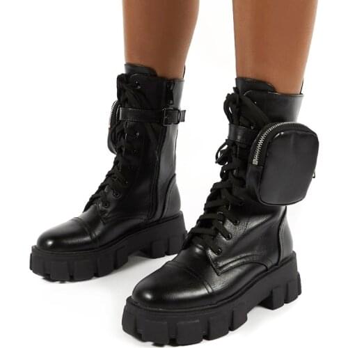 Women Pocket Boot Lace Up Ladies Ankle Boots Female Buckle Strap Black Chunky Sole Pouch Boots Woman Platform Shoes