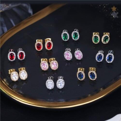 Female Luxury Crystal Oval Stud Earrings Vintage Silver And Gold Colour Wedding Jewelry Colour Zircon Stone Earrings for Women