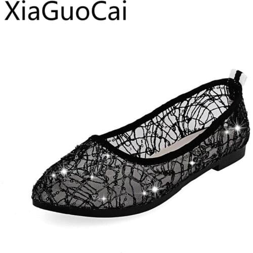 Summer Newest Mesh Womens Casual Flats Round Head Fashion Hollow Sequined Womens Flat Shoes