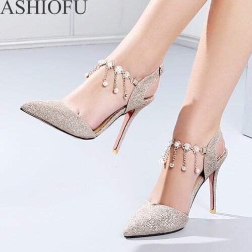 ASHIOFU New Handmade Ladies Stiletto Pumps String-beads Wedding Party Prom Shoes Slingback Fashion Evening Court Shoes