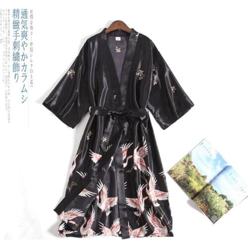 Summer Cardigan Japanese Style Crane Women Kimono Satin Yukata Vintage Nightgown Plus Haori Pajamas Party Spa Korean Long Robe