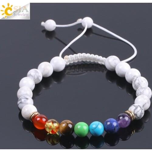 CSJA Ethnic White Howlite Beaded Bracelet Natural Gem Stone 7 Chakra Yoga Mala Beads Tibetan Buddhist Meditation Braid Rope F092