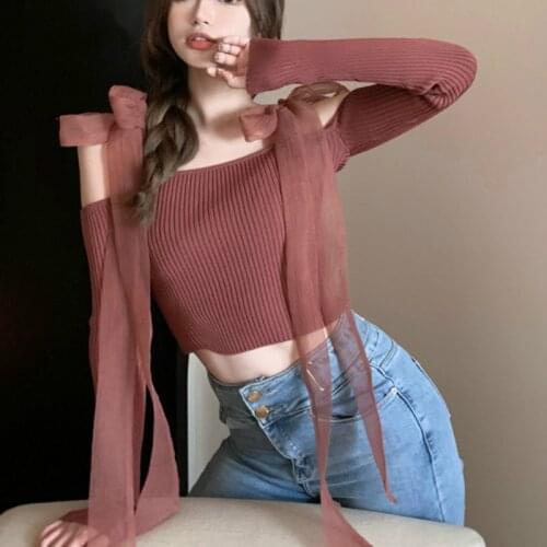 Sexy Slash Neck Strapless Shoulder Knit Sweater Women Slim Fit Lace Up Bow Design Solid Pull Femme Spring 2021 New Sueter