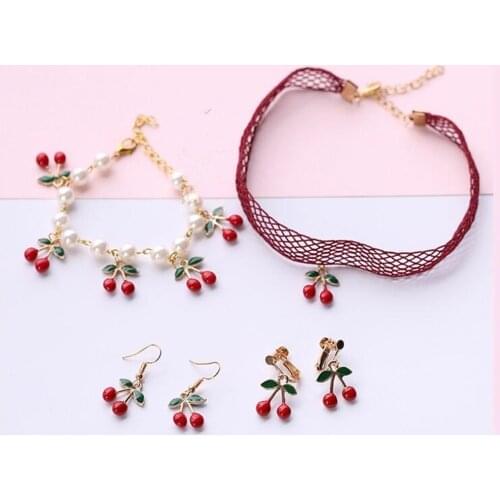 Jewelry sweet Pearl Beads Chains Bracelet Red Cherry Fruit Charms Bracelets necklace earring for Women Girls Gfits B853