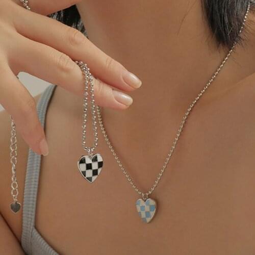 AOMU 2021 INS New Black White Blue Grid Heart Drip Glaze Pendant Necklace for Women Jewelry Accessories Fashion Plaid Necklace