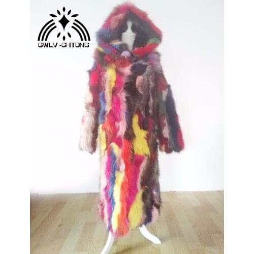 Real genuine natural raccoon fur coat with hoodwomen fashion long jacket ladies 100CM length thick warm overcoat outwear