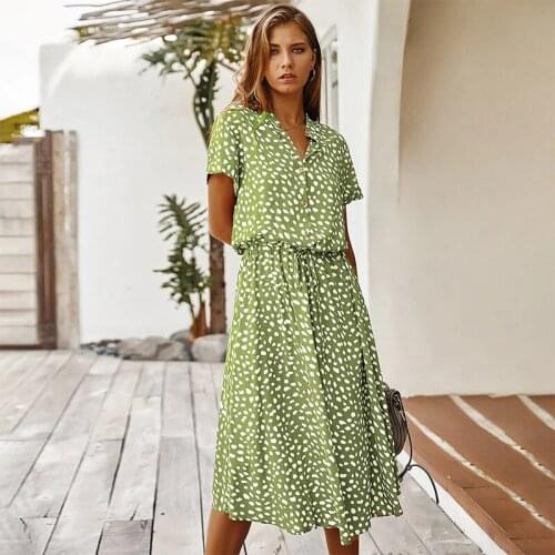 Nice New Summer Womens Elegant Short Sleeve Polka Dot Print Dress Shirt Collar Button Lace Up Temperament Ladies Long Dress