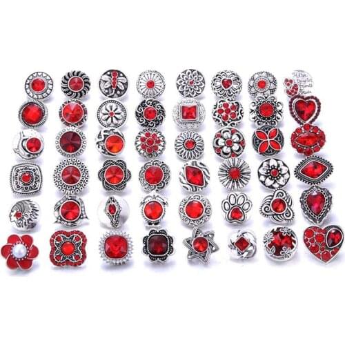 10pcs/lot Wholesale Snap Jewelry Mixed Red Rhinestone Flower Metal Charms 18mm 20mm Snap Button Jewelry for Snaps Bracelet