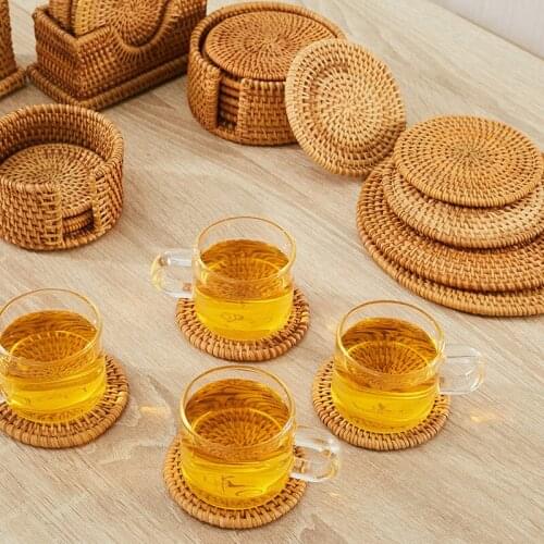 50pcs/lot Placemat Pad Coasters Kitchen Table Mats rattan coaster Bowl Mats Padding Mat Insulation Pad Round Placemats Hand-made