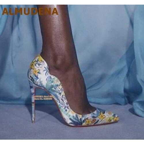 ALMUDENA Yellow Green Multi-color Printed High Heel Shoes Newest Floral 12CM Stiletto Heels Pointed Toe Shallow Wedding Pumps