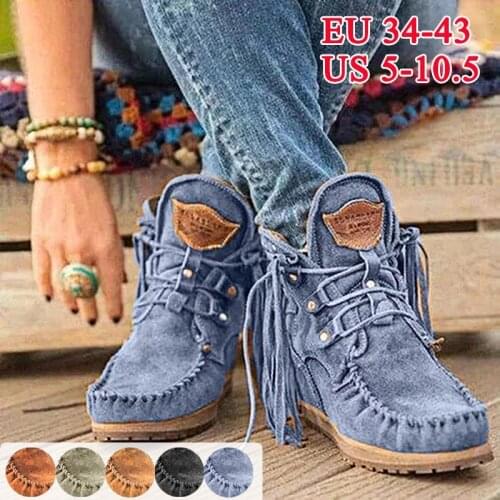 Women Faux Suede Boots Autumn Causal Lace Up Round Toe Female Ankle Boots Vintage Solid Tassel Ladies Cowboy Boots Short Boot