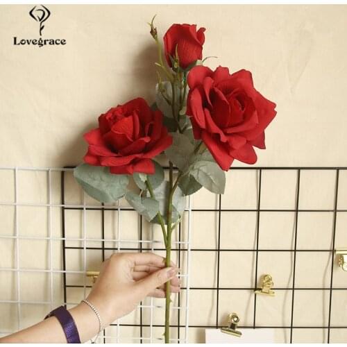 Lovegrace Rose Flower Bouquet 3 Head Silk Jasmine Snow Rose Artificial Flower Branch Champagne Wedding Home Decor Fake Flowers