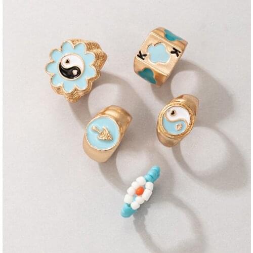 Docona 5pcs/set Trendy Dropping Oil Colorful Rings for Women Punk Playing Cards MushroomAlloy Ring Set Jewelry Accessories 19776