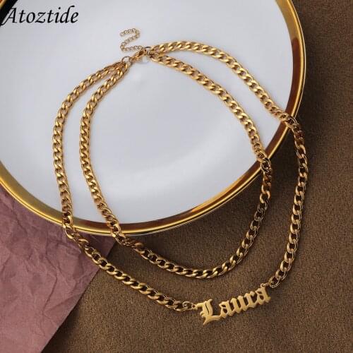 Customized Name Necklace Double Layers Stainless Steel Personalized Letter Gold 6mm NK Chain Necklace Pendant Nameplate Gift
