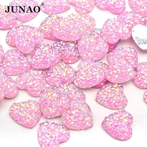 JUNAO 12mm Pink AB Heart Rhinestones Flat Back Crystal Stones Resin Applique Non Sewing Scrapbook Strass DIY Crafts