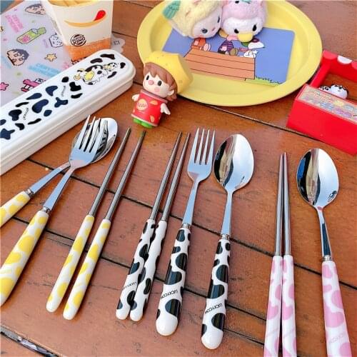 Kawaii Cows Grain Ceramic Handle Stainless Steel Spoon Fork Knife Kit Creative Portable Tableware Dinner Set 3Pcs/box