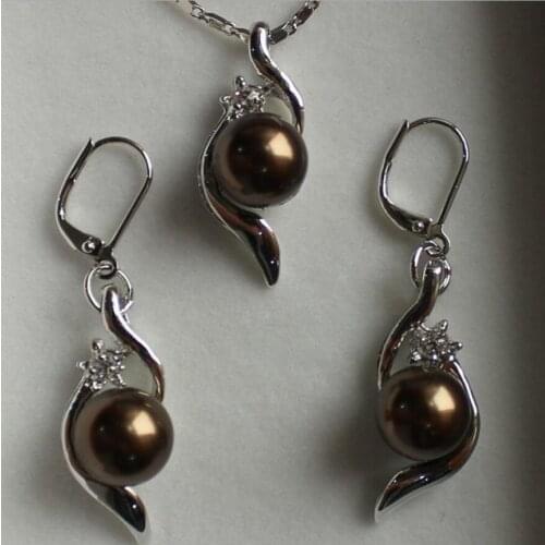 Free Shipping wholesale ladys nice10mm brown shell pearl pendant & earring jewelry set