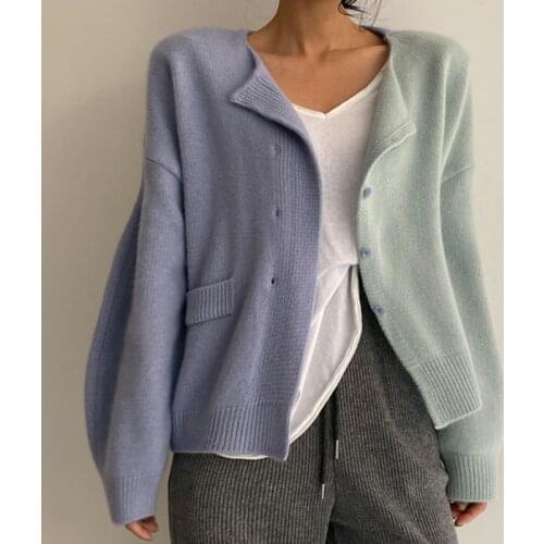 Korea Autumn and Winter Simple Wild Round Neck Color Matching Design Loose Long-Sleeved Knitted Cardigan Sweater Jacket Women