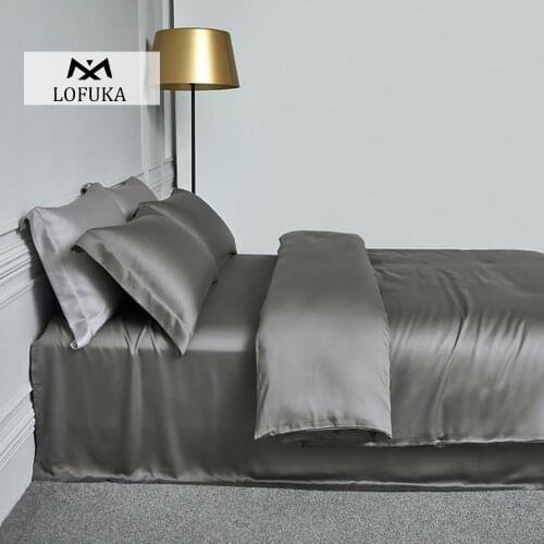 Lofuka Luxury Dark Gray 100% Silk Bedding Set Beauty Silky Quilt Cover Queen King Flat Sheet Fitted Sheet Pillowcase For Sleep