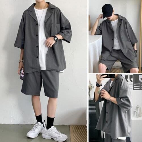 Men Summer Fashion Casual Short Sleeves Pockets Shirt Top Shorts Pants Suit turn down collar and pockets for storing small items