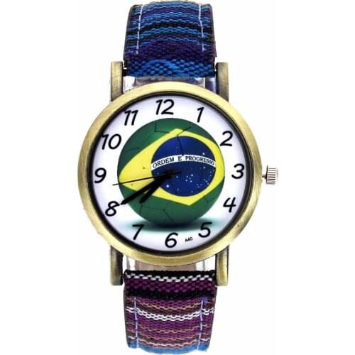 Football World Match Brazil Team Soccer Ball Fashion Men Women Stripes Denim Cloth Canvas Band Sport Quartz Watch