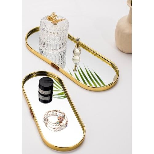 Nordic Bathroom Organizer Metal Glass Jewelry Display Plate Geometric Mirror Tray Makeup Storage Mirror Plate Wedding Souvenir
