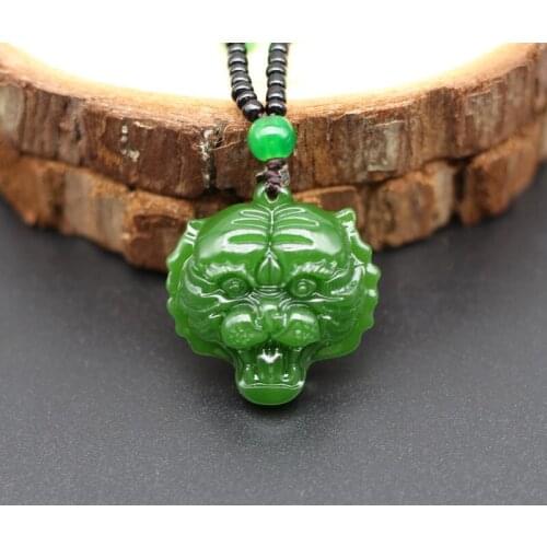 Natural Green Jade Tiger Head Pendant Necklace Chinese Carved Charm Jadeite Jewellery Fashion Amulet for Men Women Lucky Gifts