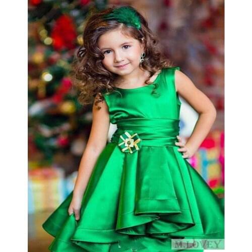 Satin Emerald Green Kids Girls Pageant Dresses Party Dress with Crew Neck High Low Girls Formal Dress