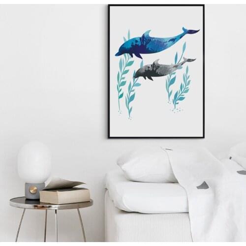 Modern Cute Animal Blue Dolphin Canvas Painting Print Poster Picture Wall Art Living Room Bedroom Home Decoration