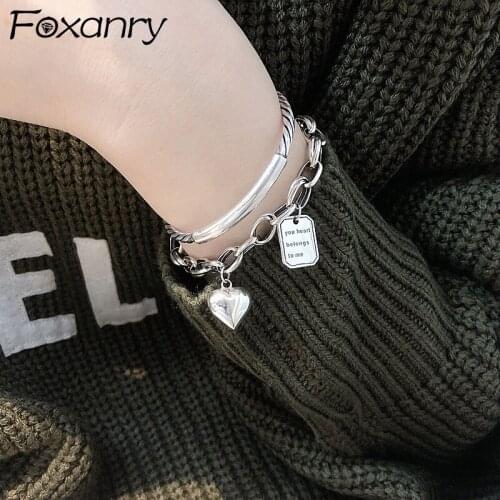 Evimi 925 Sterling Silver LOVE Heart Bracelets Fashion Hip Hop Vintage Couples Simple Twist Texture Bangles Girl Party Jewelry
