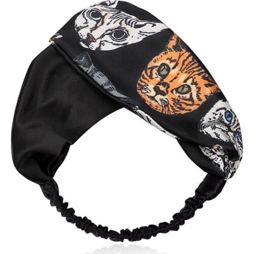 CHIMERA Cute Cat Print Headband Woman Silk Turban Vintage Cross Elastic Soft Wide Bandana Boho Hair Band Head Wrap Accessories