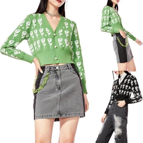 Women Floral Pattern Knitted Cardigan, New style Fashion V-neck Long Sleeve Crop Tops, Green/ Black