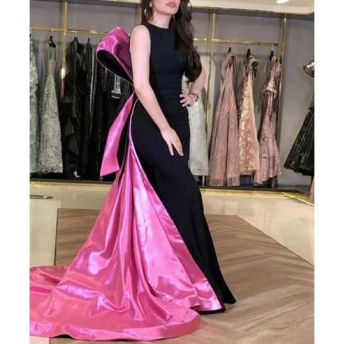 Vintage Long Satin Mermaid Evening Dresses with Bow Train Floor Length Zipper Back Formal Party Gowns for Women