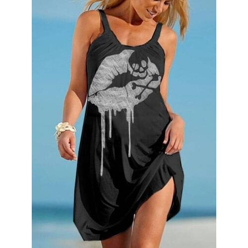 Sexy Mouth Print 3d Midi Dress Women Bohemian Nature Beach Dresses Faldas Womens Dress Female Clothes Camisole Slim Skirt Girl