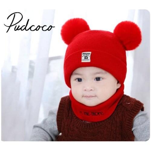 2pcs Children Kid Boy Girl Winter Warm Cap Fur Pom Knitted Beanie Hat+scarf Set
